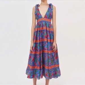Farm Rio Blue Macaw V Neck Midi Dress